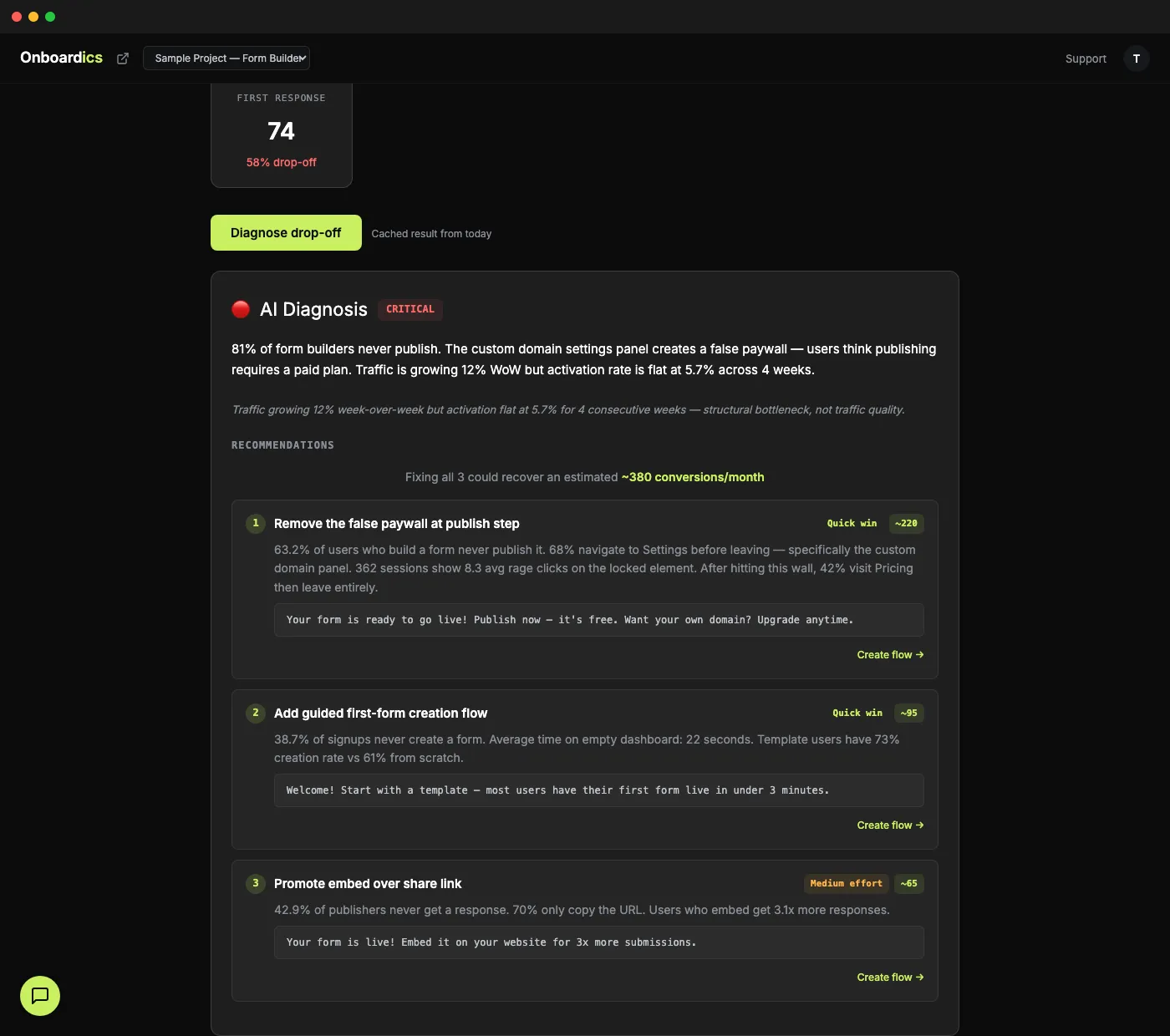 AI diagnosis with fix recommendations and Create flow buttons in the Onboardics dashboard
