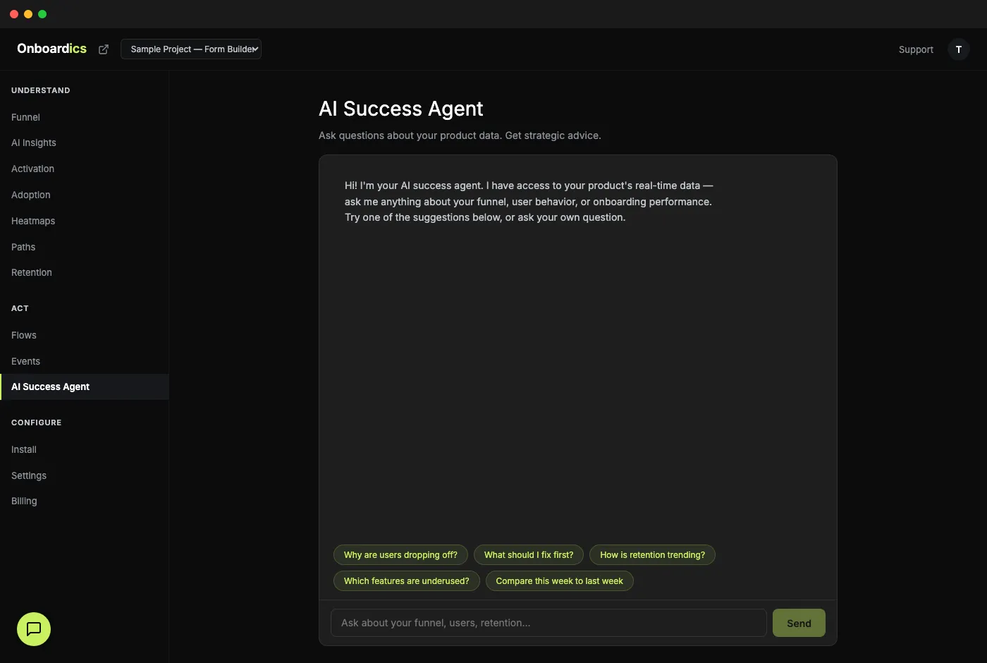 AI Success Agent in the Onboardics dashboard