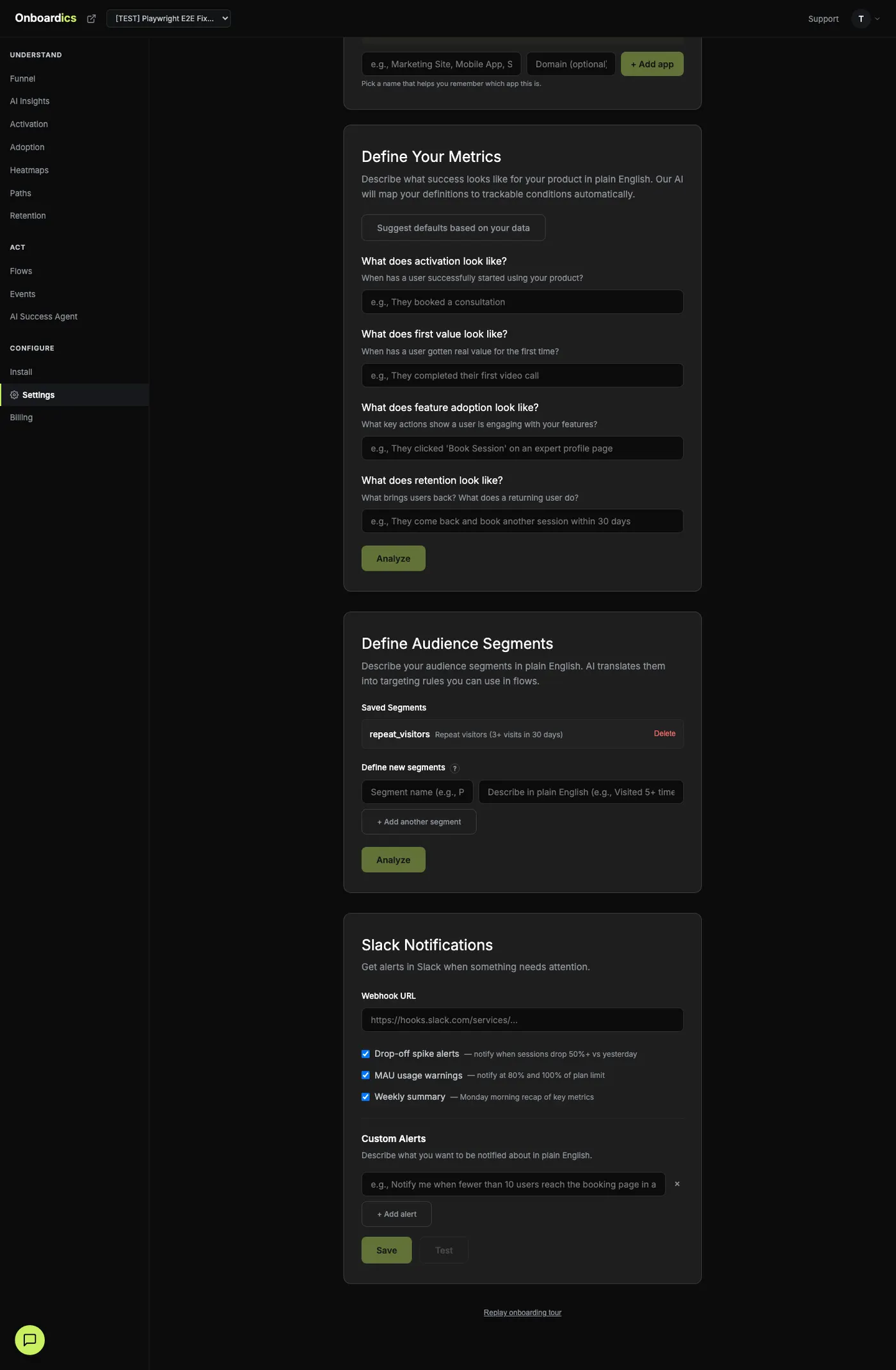 AI-defined audience segments in the Onboardics Settings page