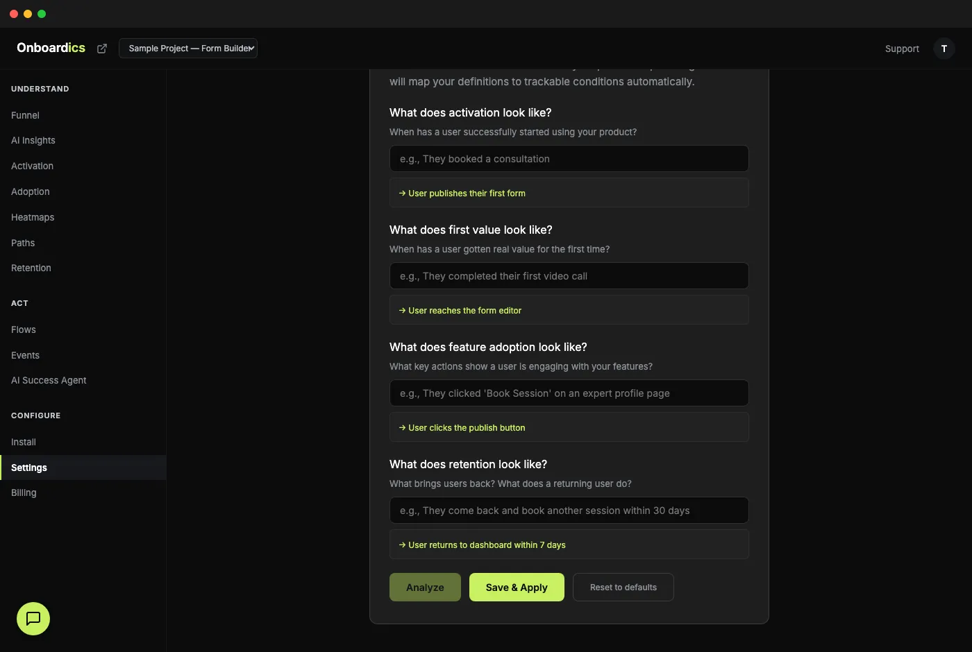AI-Defined Custom Metrics in the Onboardics dashboard