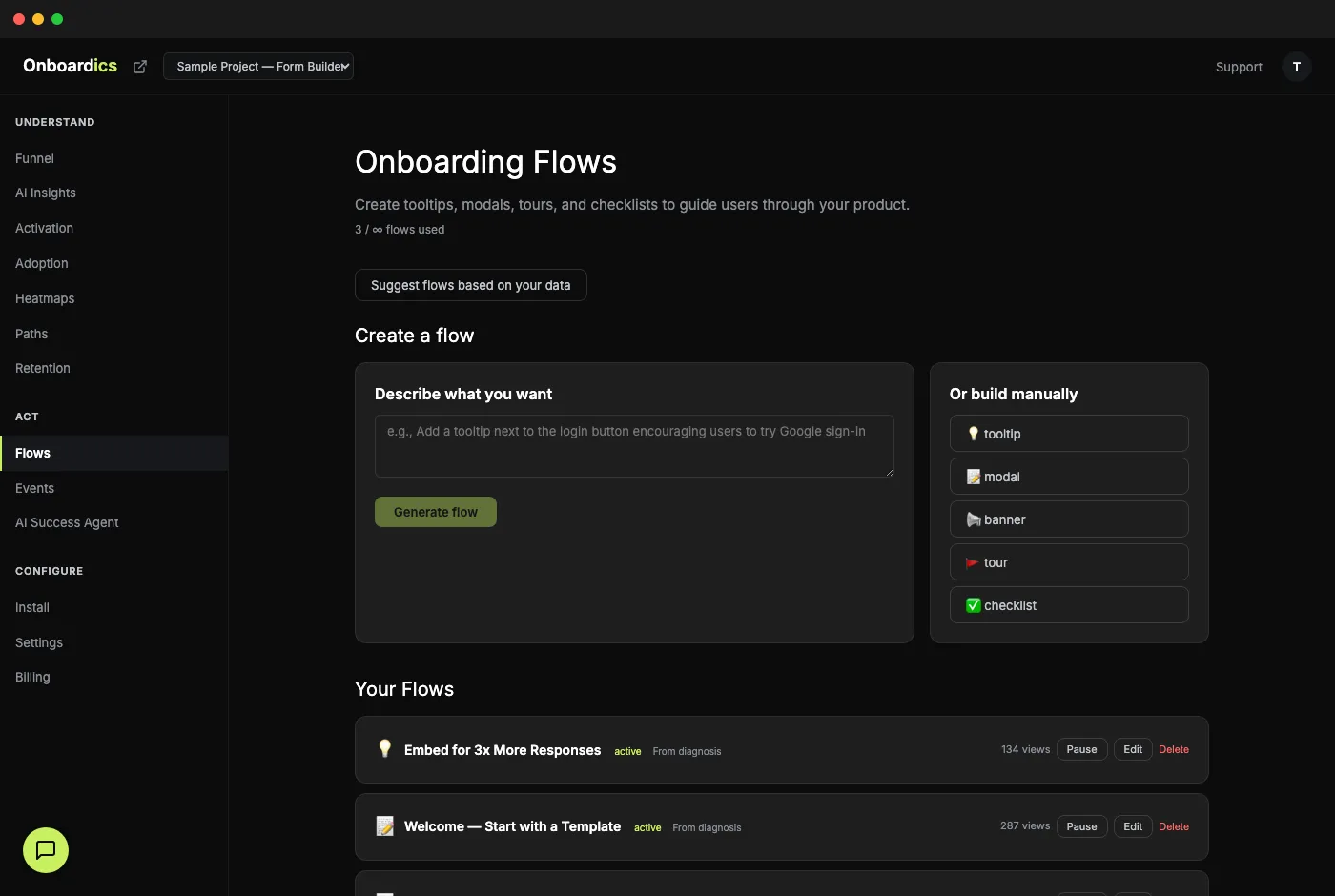 No-Code Flow Builder in the Onboardics dashboard