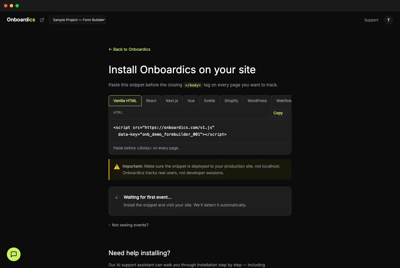 Install page with framework auto-detection tabs in the Onboardics dashboard