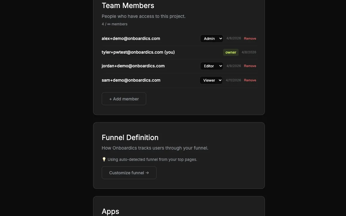 Team Members settings page showing four role tiers, member list, and invitation form
