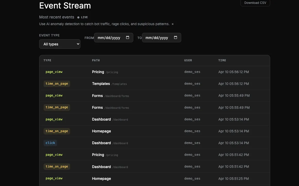 Real-time event stream showing page views, clicks, scroll depth, session end, and idle events with a live indicator