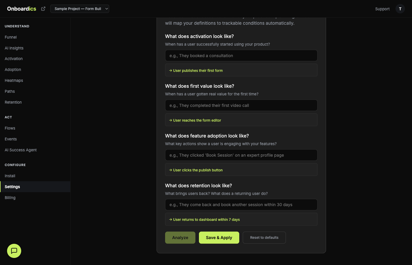 Settings page showing four plain-English metric definition fields for activation, time to value, feature adoption, and retention